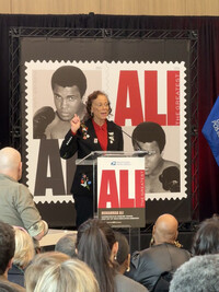 Lonnie Ali speaks at the launch of the stamp honoring her late husband, Muhammad Ali. Photo Credit: Bonnie Jean Feldkamp.