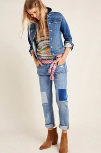 The patchwork boyfriend jean and denim jacket are two of fall's favorite denim trends. Shown: Pilcro jeans from Anthropologie.