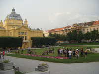 Young people gather in King Tomislav Square in Zagreb, Croatia, in view of the Art Pavilion, which hosts exhibitions of contemporary art. Photo courtesy of Joe Tash.