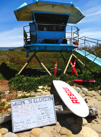 A sign at a lifeguard station in Santa Barbara, California, reports surfing conditions and admonishes visitors to "Have fun!" Photo courtesy of Jim Farber.