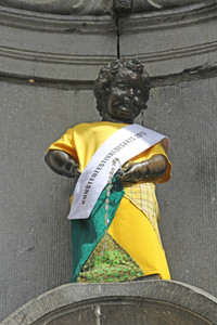 Urinating Brussels icon Manneken Pis goes naked when not donning special costumes, like this one for a local arts festival. Photo courtesy of Norma Meyer.