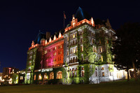 Colored lights brighten the Empress Hotel in Vancouver, B.C., each evening. Photo courtesy of www.hansentravel.org.