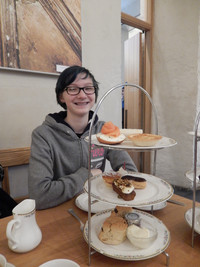  Carly Sauls has her first afternoon tea in the cafe at Westminster Abbey in London. Photo courtesy of Lesley Sauls. 