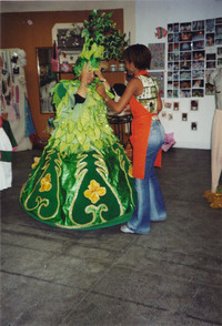 A tourist tries on a flamboyant costume for Rio's Carnival. Photo courtesy of Sharon Whitley Larsen.