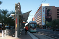 One part of the re-emergence of downtown Phoenix, Arizona, is its light-rail system. Photo courtesy of Halina Kubalski.