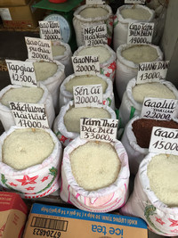  Several kinds of rice are for sale at a market in Hanoi, Vietnam. Photo courtesy of Kitty Morse. 