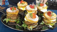 One of the many unusual entries at the 2018 World Food Championships in Orange Beach, Alabama, was a sweet bacon-and-egg burger. Photo courtesy of Victor Block.