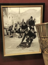 A corridor in the Kulm Hotel in St. Moritz, Switzerland, displays trophies and vintage photographs of early guests on the Cresta Run. Photo courtesy of Athena Lucero.