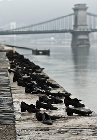 Shoes on the Danube Bank in Budapest. Hungary, recall the slaughter of Jews by fascists during World War II. Photo courtesy of Philip Courter.