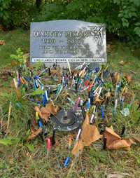 Fans of cartoonist Harvey Pekar use colored pens to decorate his burial spot at the Lakeview Cemetery in Cleveland, Ohio. Photo courtesy of Steve Bergsman.