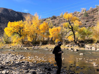  A masked traveler enjoys nature near a Colorado RV park during a pandemic trip. Photo courtesy of Bill Neely. 
