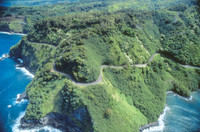  An aerial view of the Hana Highway on the island of Maui in Hawaii shows how difficult the road is to negotiate. Photo courtesy of Victor Block. 