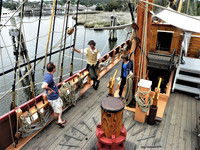 . A costumed interpreter answers visitors' questions aboard the Elizabeth II in the Outer Banks of North Carolina. Photo courtesy of Victor Block. 