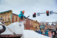 A skier jumps off of a ski-jump float in Breckenridge, Colorado's, annual Ullr Fest Parade. Photo courtesy of Breckenridge Tourism Office.
