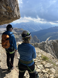  Climbers in Italy's Dolomite Mountains survey the progress they have made. Photo Courtesy of Margot Black. 