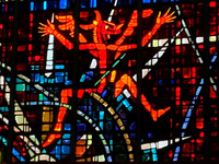 Stained-glass windows designed by Gabriel Loire tell stories from the Bible at Notre Dame de Lourdes Catholic Church in Casablanca, Morocco. Photo courtesy of Phil Allen.