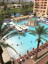  The author and her mother enjoyed watching families in the pool from their sixth-floor balcony at the Renaissance Esmeralda Resort & Spa, Indian Wells, California. Photo courtesy of Nicola Bridges. 