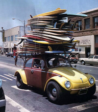 Exhibits at the California Surf Museum in Oceanside, such as this photo of surfers headed to Huntington Beach in 1978, capture surfing throughout the years. Photo courtesy of Guy Motil.