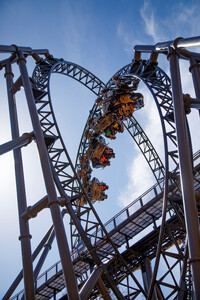 Riders defy gravity on Silver Dollar City's Time Traveler, touted as the world's fastest, tallest and steepest spinning coaster, in Branson, Missouri. Photo courtesy of Silver Dollar City.