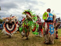  Pow wow dancers wearing traditional regalia with feathers, shawls, bells, ribbons and rainbow-colored beads swirl to the rhythms of drums. Photo courtesy of lynnebeclu. 