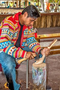 A Miccosukee man demonstrates carving a wood cooking utensil at Miccosukee Indian Village on the edge of Everglades National Park in Florida. Photo courtesy of Rudy Umans/Dreamstime.com.