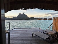  Sunrise views of the lagoon and Mount Otemanu await guests staying in the overwaters at Le Bora Bora resort in Tahiti. Photo courtesy of Athena Lucero. 