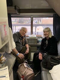  Author Sharon Whitley Larsen and her husband, Carl, enjoy the view from their cramped bedroom sleeper car during an Amtrak trip. Photo courtesy of Sharon Whitley Larsen. 