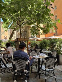 The perfect way to experience France might be having lunch on the terrace of Le Comptoir in Lyon. Photo courtesy of Georgeanne Brennan.