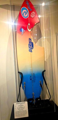 One exhibit at the California Surf Museum honors Bethany Meilani Hamilton, a professional surfer who lost an arm to a shark at 13 but never gave up the sport. Photo courtesy of Jim Farber.