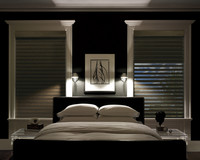  Bedroom's a yawn, with dark walls and room-darkening shadings, just what the doctor orders for a good night's sleep. Photo: Courtesy Hunter Douglas. 