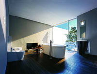  Cool but far from tepid, a contemporary bath is furnished with sculptured fixtures by designer Philippe Starck. Photo Courtesy Duravit. 