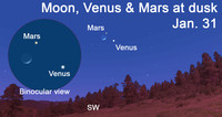  View the moon, Venus and Mars at dusk this week. 