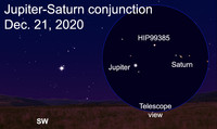  On the evening of Dec. 21, stargazers looking low toward the southwestern sky during twilight will see the giant planets Jupiter and Saturn appear to merge into one. 