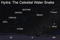 Just after dark in late March and early April, we can find Hydra ascending over the southeastern horizon.