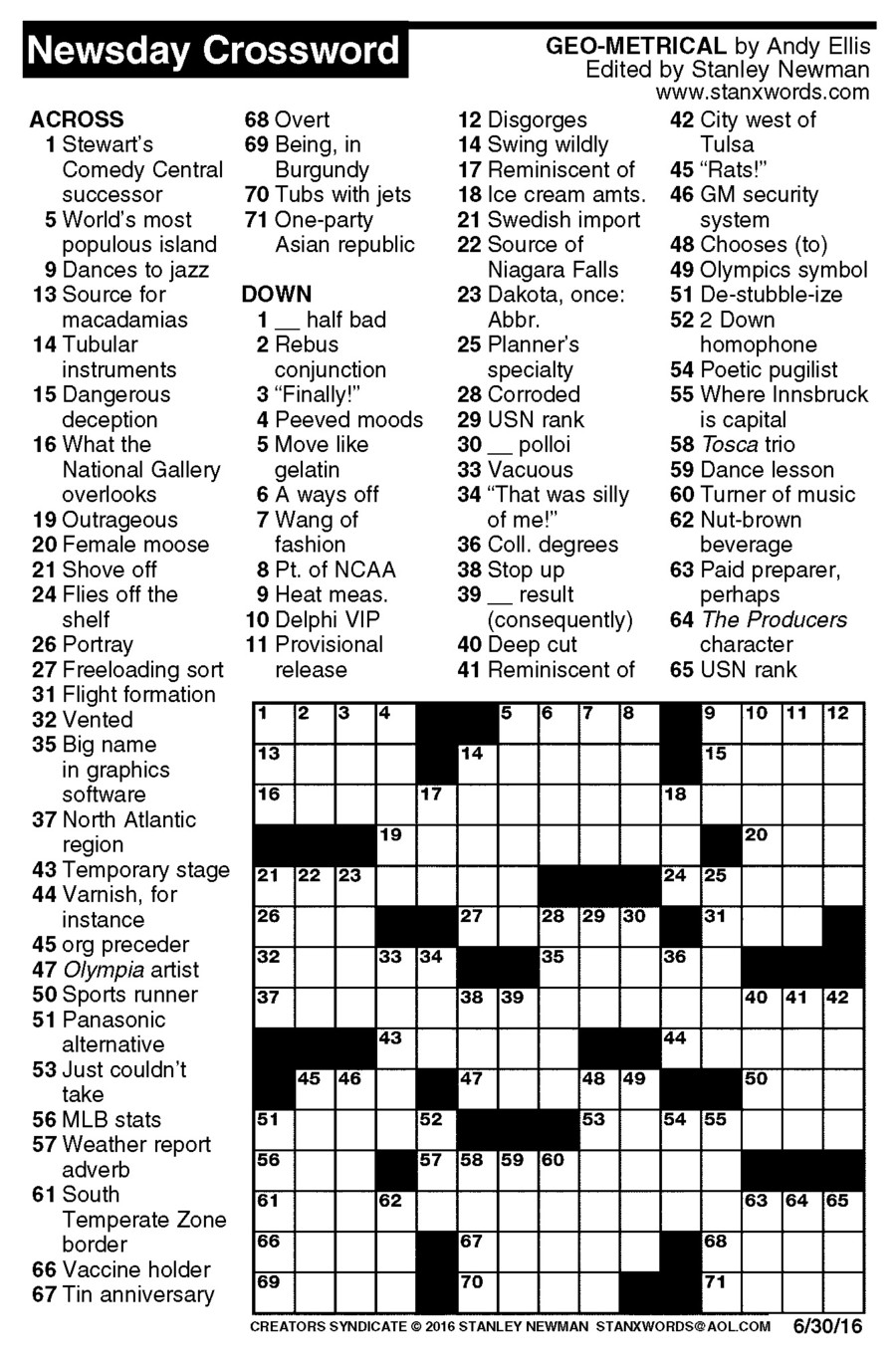 Newsday Crossword Puzzle for Jun 30, 2016, by Stanley Newman Creators