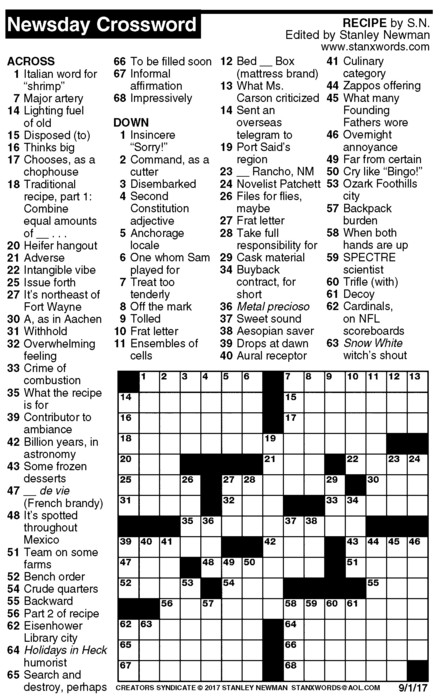 Newsday Crossword Puzzle For Sep 01 2017 By Stanley Newman Creators 