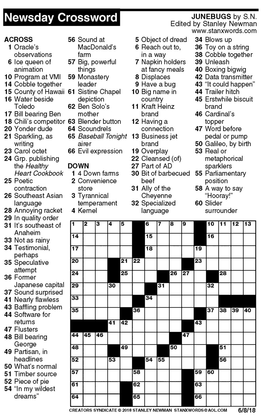 Newsday Crossword Puzzle For Jun 08 2018 By Stanley Newman Creators 