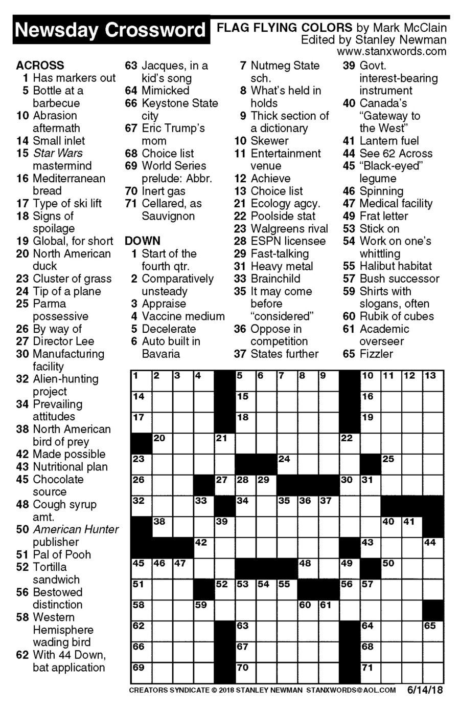 Newsday Crossword Puzzle For Jun 14 2018 By Stanley Newman Creators 