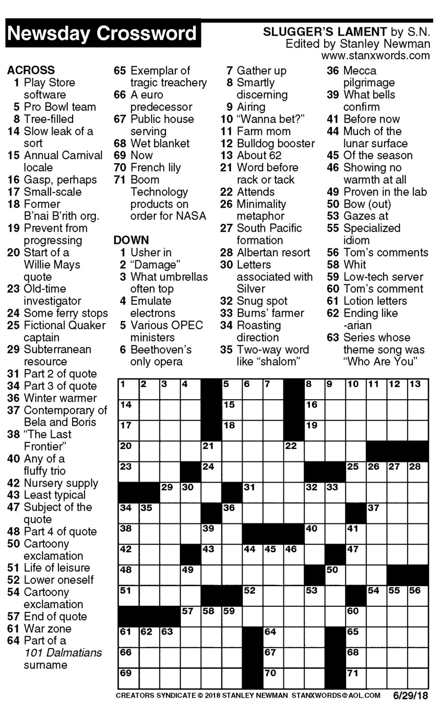 Newsday Crossword Puzzle For Jun 29 2018 By Stanley Newman Creators Newsday Crossword Puzzle For Jun 29 2018 By Stanley Newman Creators