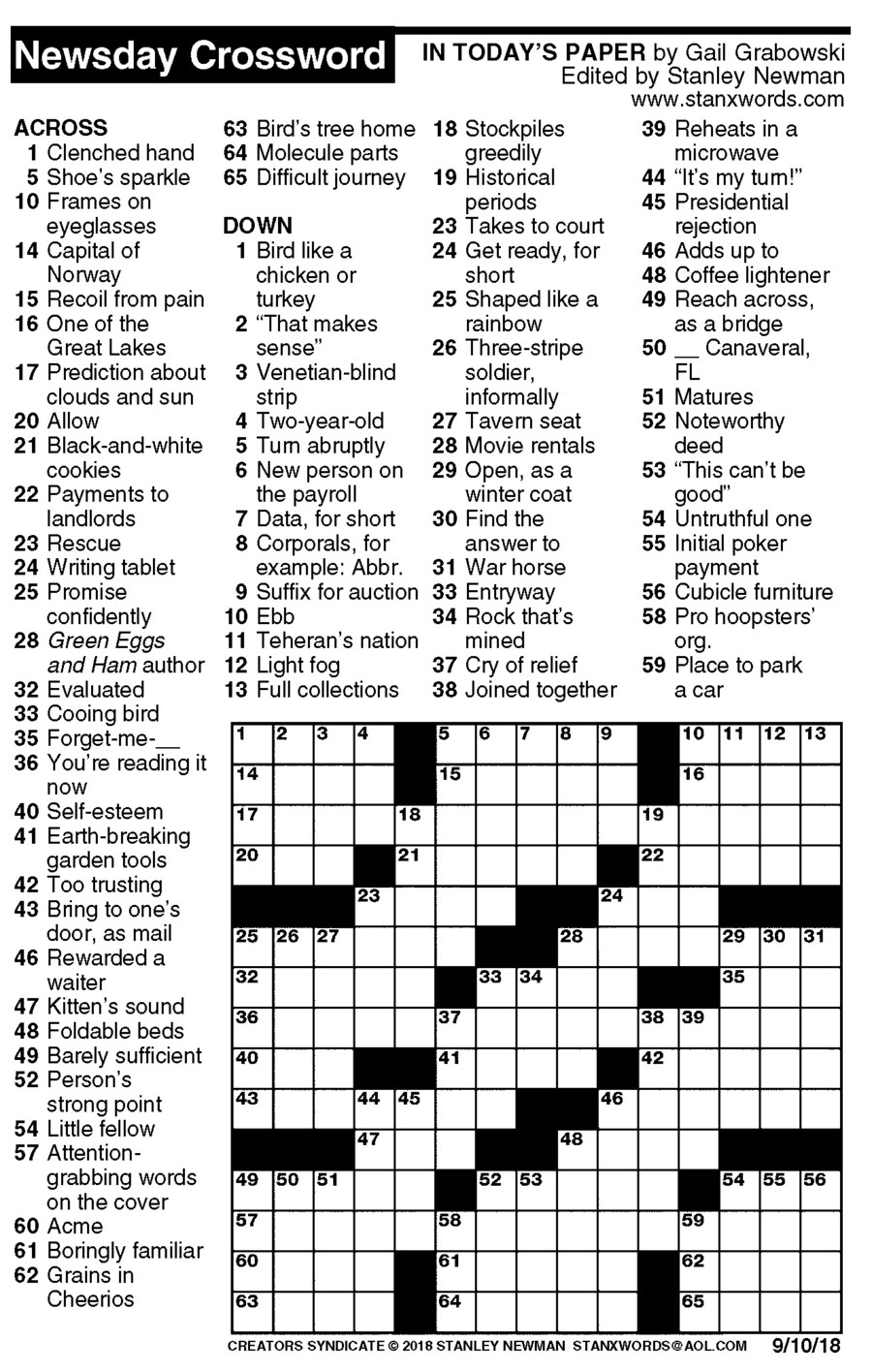 Newsday Crossword Puzzle For Sep 10 2018 By Stanley Newman Creators 