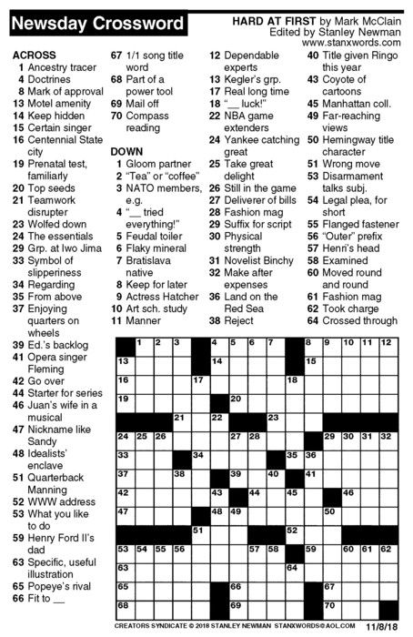 Newsday Crossword Puzzle For Nov 08 2018 By Stanley Newman Creators 