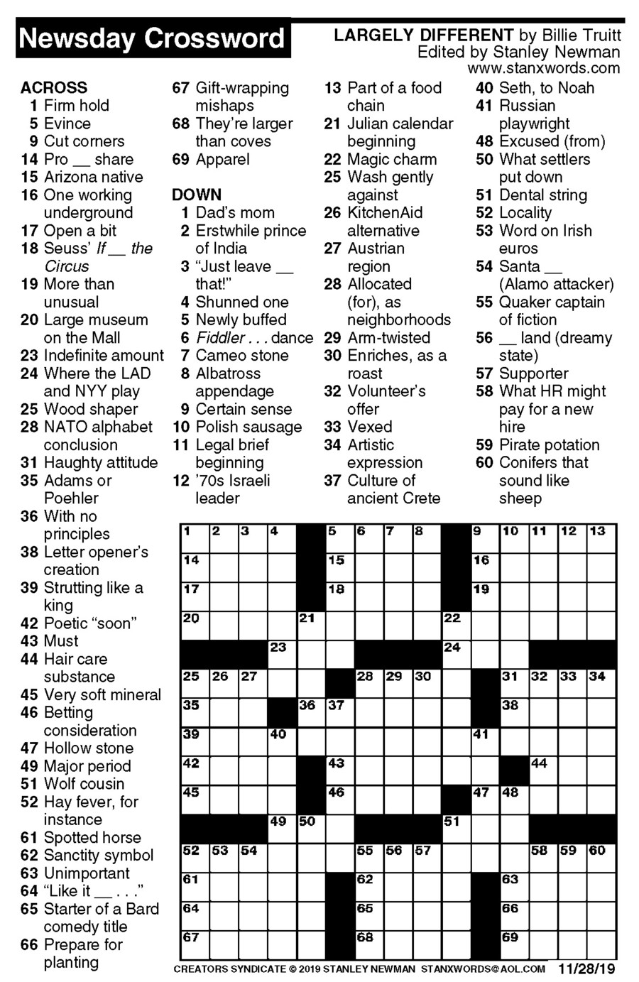 Newsday Crossword Puzzle for Nov 28, 2019, by Stanley Newman Creators
