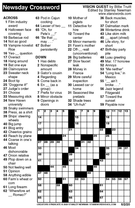 Newsday Crossword Puzzle For Jun 02 2020 By Stanley Newman Creators 
