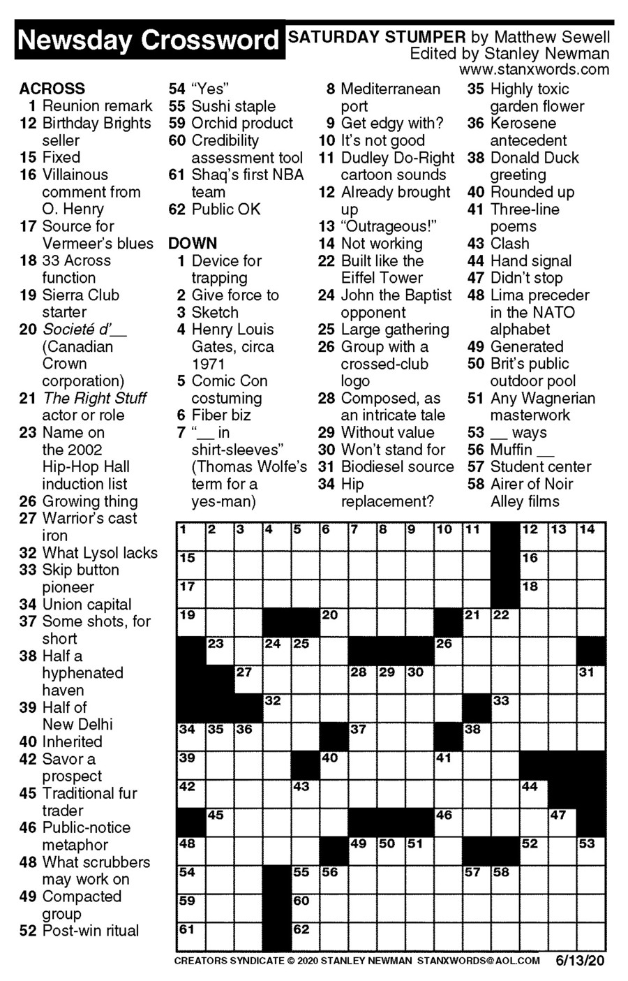 Newsday Crossword Puzzle For Jun 13 2020 By Stanley Newman Creators 