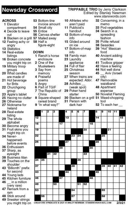 Newsday Crossword Puzzle For Feb 03 2021 By Stanley Newman Creators Newsday Crossword Puzzle For Feb 03 2021 By Stanley Newman Creators