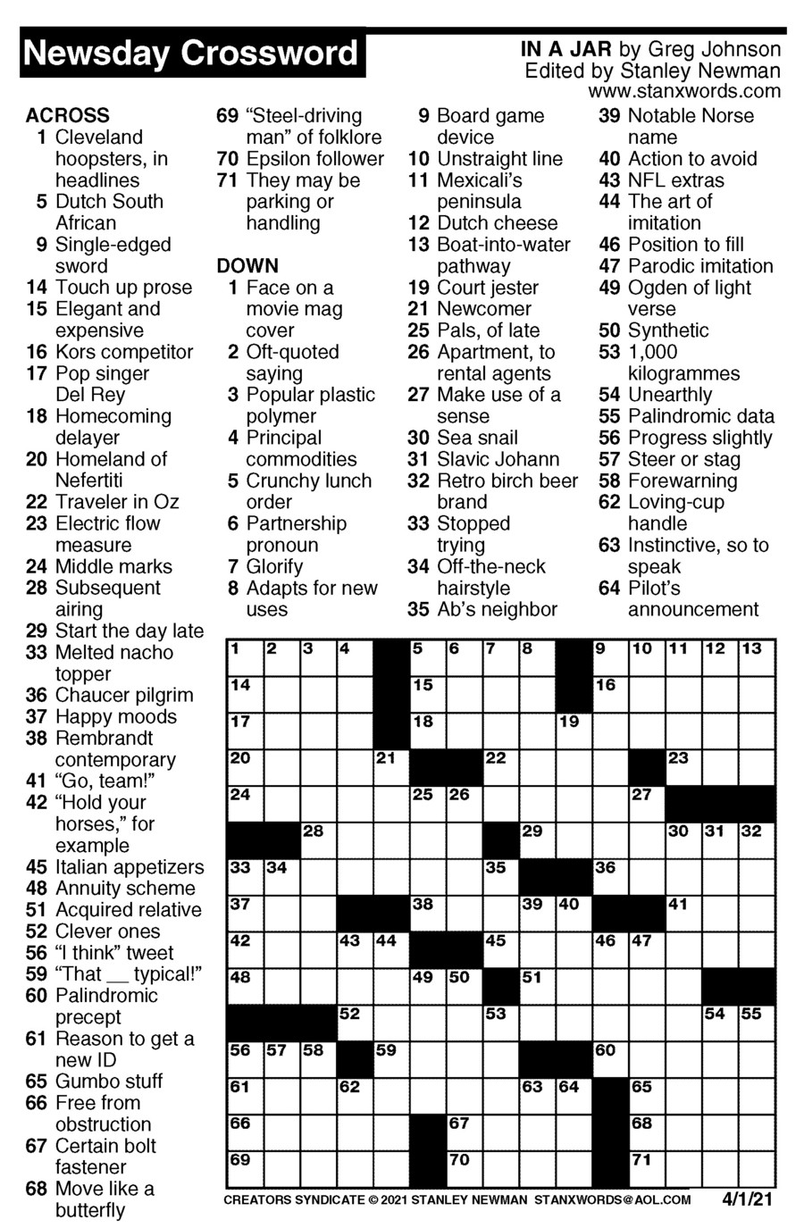 Newsday Crossword Puzzle for Apr 01, 2021, by Stanley Newman Creators