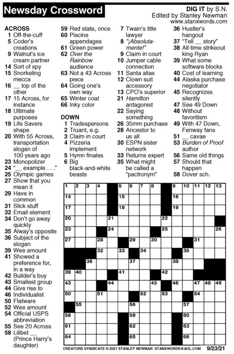Newsday Crossword Puzzle For Sep 23 2021 By Stanley Newman Creators Syndicate