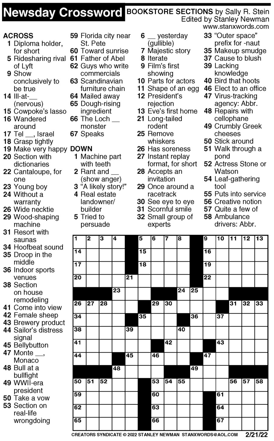Newsday Crossword Puzzle For Feb 21 2022 By Stanley Newman Creators 