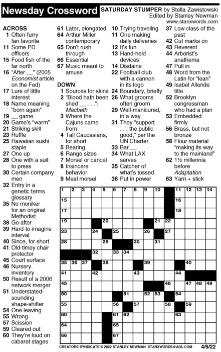 Newsday Crossword Puzzle For Apr 09 2022 By Stanley Newman Creators 