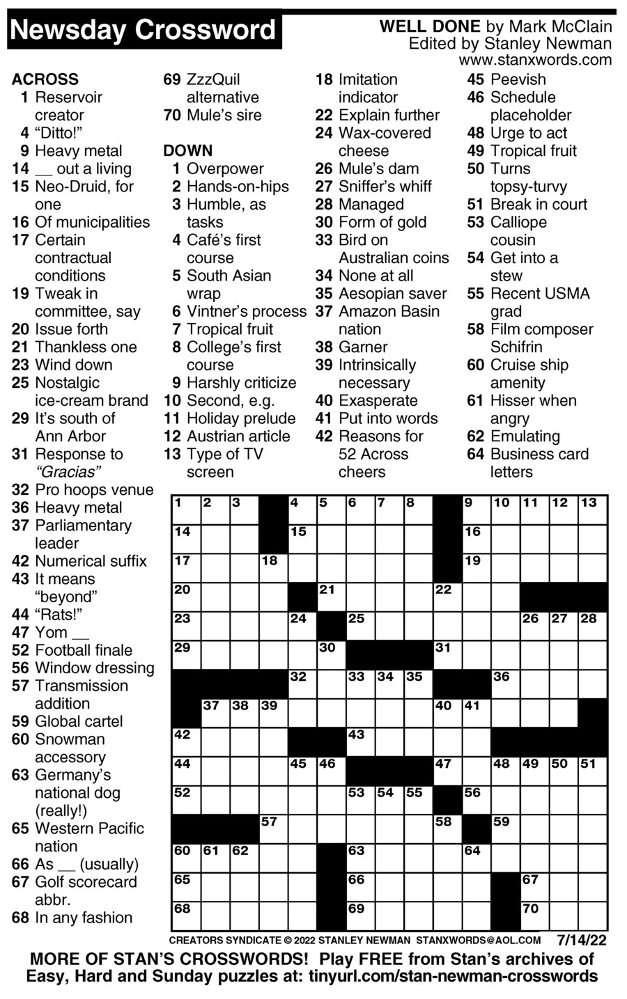 Newsday Crossword Puzzle for Jul 14, 2022, by Stanley Newman Creators